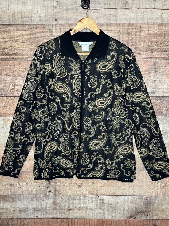 Misook Sweaters - Vintage Exclusively Misook Black Tan Green Paisley Full Zip Cardigan size Medium